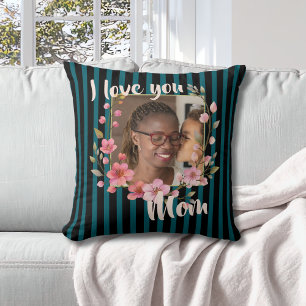 I Love You Mom Black Teal Floral Photo Throw Pillow