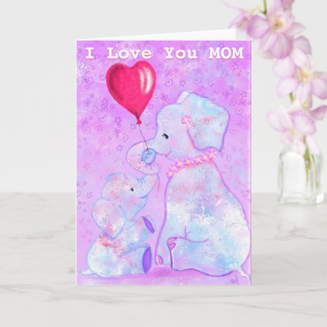 I Love You Mom Card Elephant Mom and Baby (Orchid)