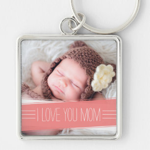 I Love You Mom Coral Banner Photo Keychain