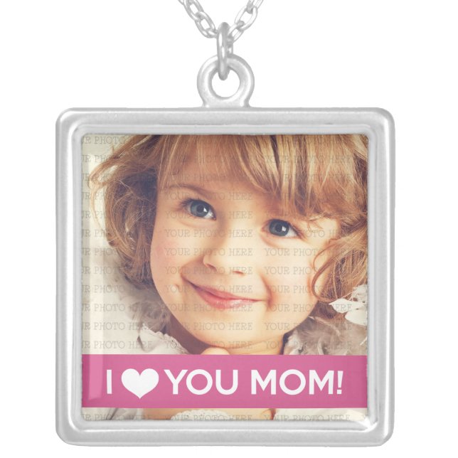 I Love You Mom - Custom Photo Silver Plated Necklace (Front)