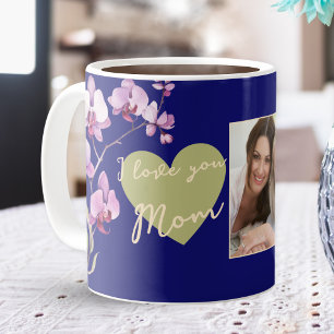 I Love You Mom Heart Orchid Navy Blue Photo Coffee Mug