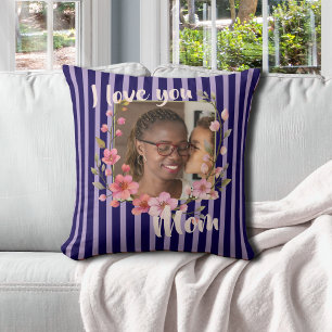 I Love You Mom Indigo Blue Lavender Floral Photo Throw Pillow