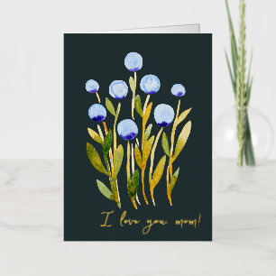 I love you mom minimal blue watercolor flowers foil holiday card
