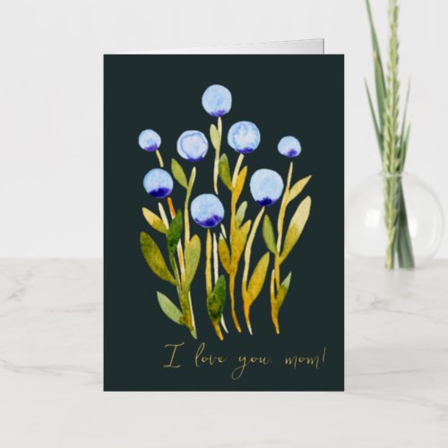 I love you mom minimal blue watercolor flowers foil holiday card
