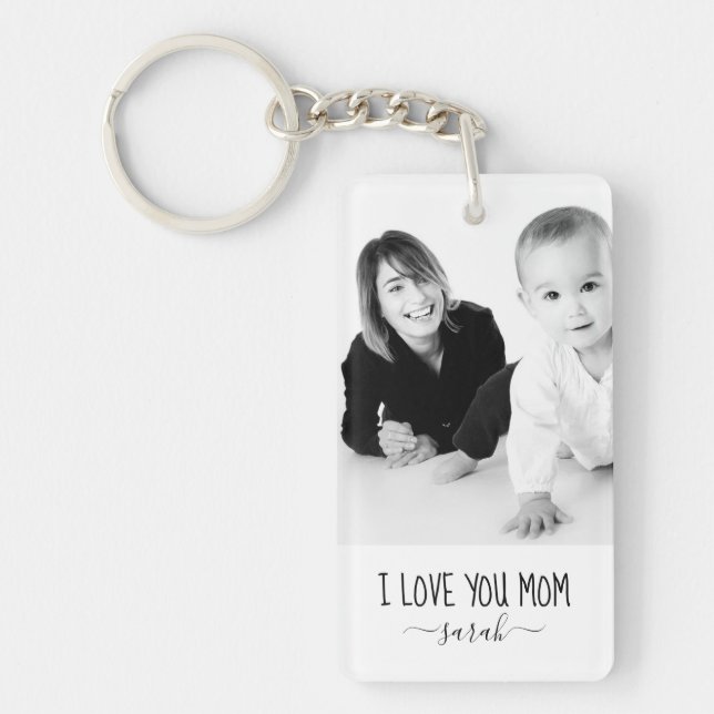 I love You Mom Modern Black And White Custom Photo Keychain (Front)