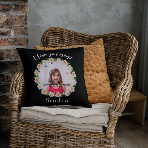 I love you mom photo name flower border throw pillow