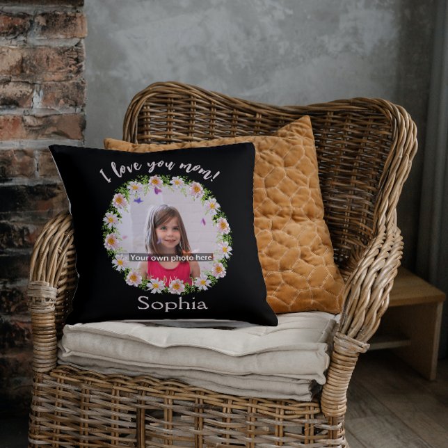 I love you mom photo name flower border throw pillow (Creator Uploaded)