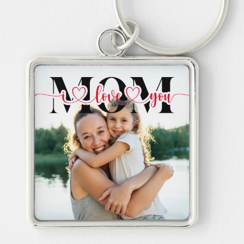 I Love You Mom Red Hearts Typography Photo Keychain