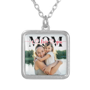 I Love You Mom Red Hearts Typography Photo Silver Plated Necklace