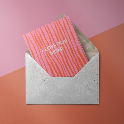 I love you mom retro wavy lines pastel orange pink holiday card