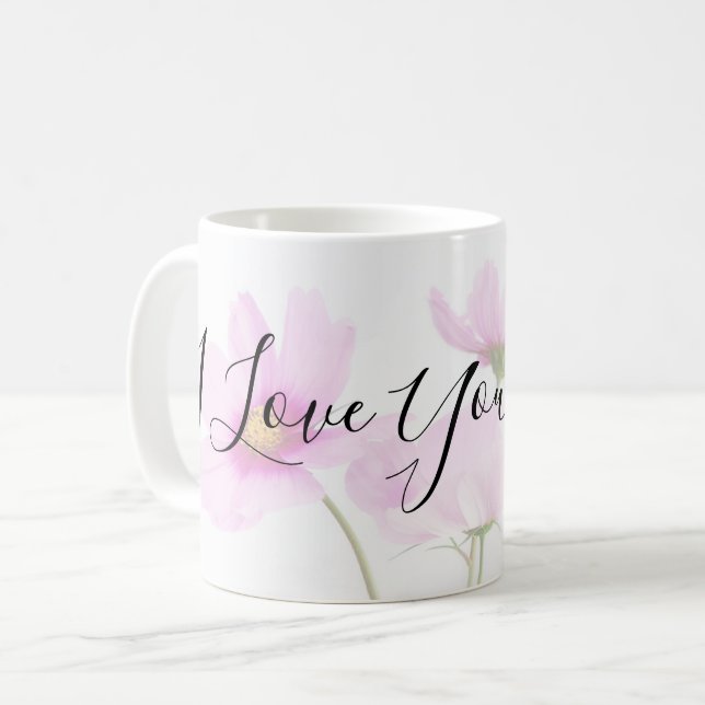 I Love You Mom Typography on Pale Pink Floral Coffee Mug (Front Left)