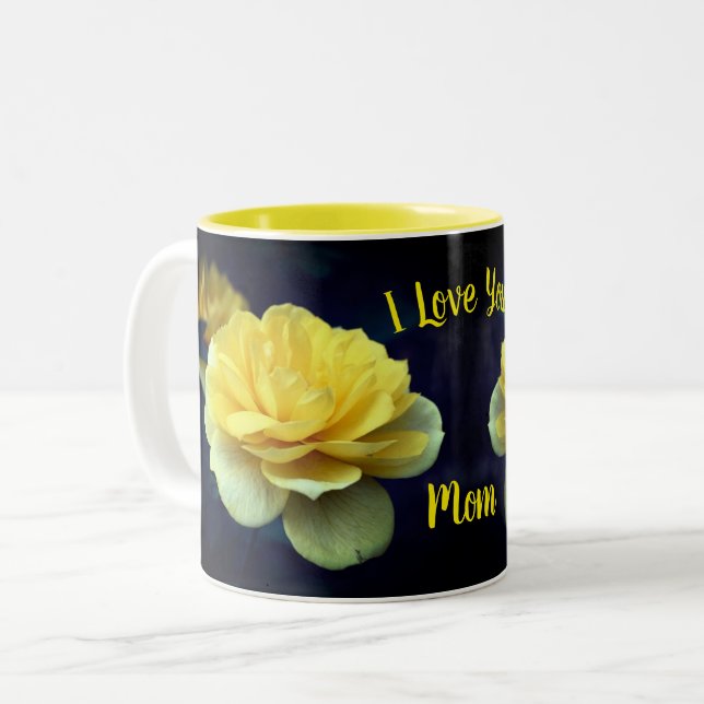 I Love You Mom Yellow Rose Flower  Two-Tone Coffee Mug (Front Left)