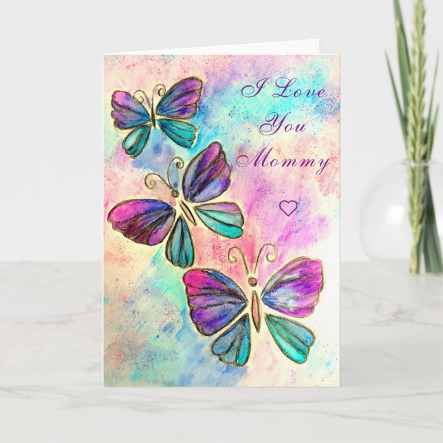 I Love You Mommy Card Colorful Butterflies  (Front)