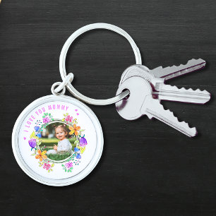 I LOVE YOU MOMMY Photo Colorful Floral Modern Keychain