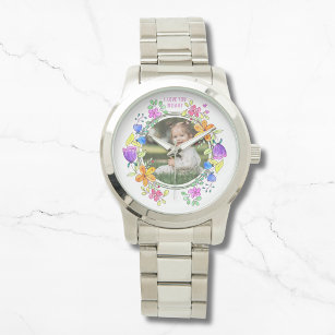 I LOVE YOU MOMMY Photo Colorful Floral Modern Watch