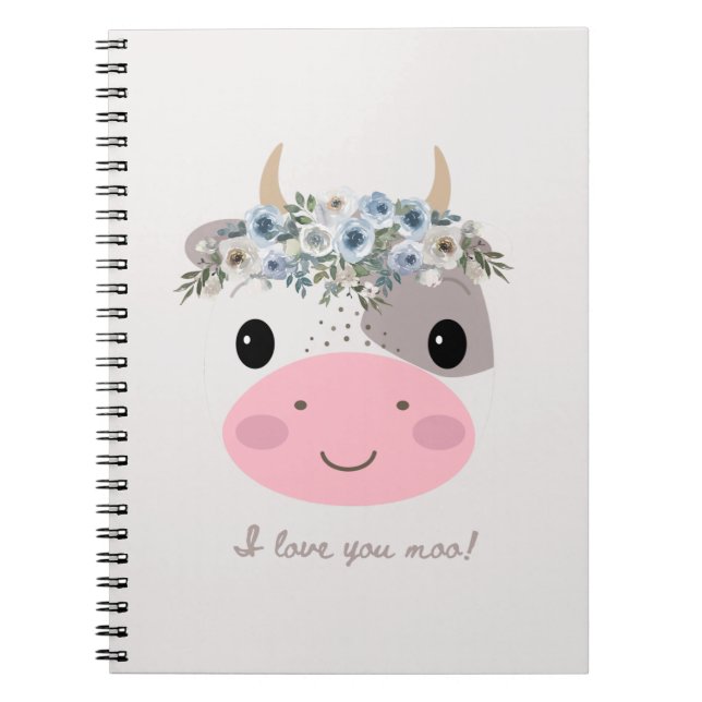 I love you moo! Cute Cow with Floral Wreath Notebook (Front)
