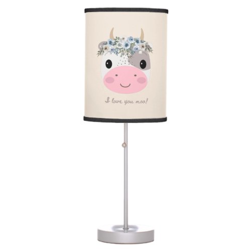 I love you moo Cute Cow with Floral Wreath  Table Lamp