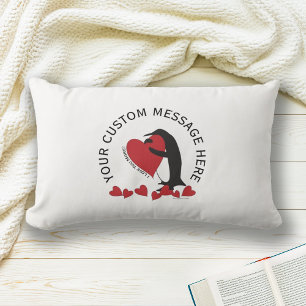 I Love You More! Cute Penguin and Red Heart Lumbar Pillow
