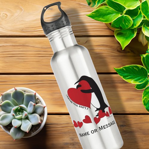 I Love You More Penguin and Red Heart Stainless Steel Water Bottle