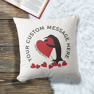 I Love You More! Penguin and Red Heart Throw Pillow