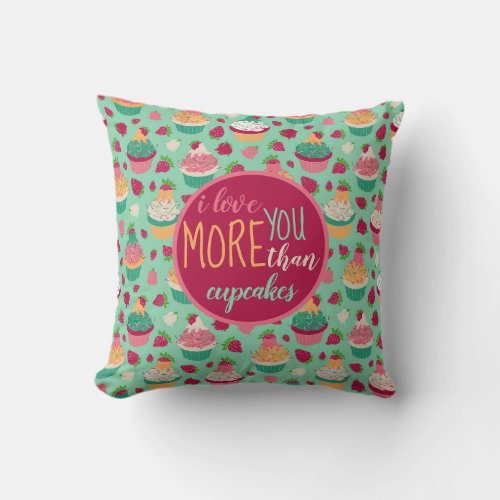 I Love You More Than Cupcakes Lettering Pattern Throw Pillow