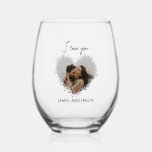 I Love You Name & Heart Photo Custom Text Stemless Wine Glass<br><div class="desc">Elevate the art of toasting with this stemless wine glass tumbler gift, a perfect blend of sentiment and style. Each glass is adorned with the heartfelt words "I love you" or your chosen text, beautifully crafted in a handwritten script. A unique touch is added with a heartwarming, spray-painted style heart-shaped...</div>