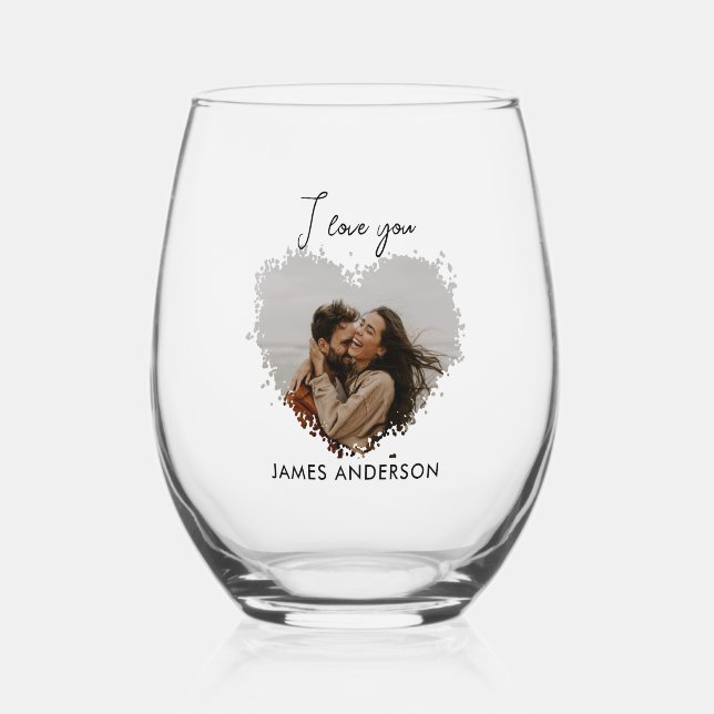 I Love You Name & Heart Photo Custom Text Stemless Wine Glass (Front)