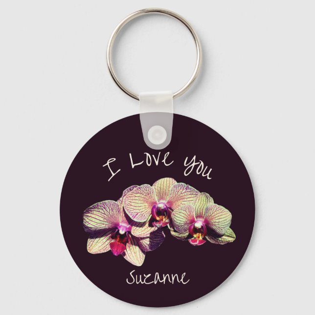 I Love You Orchid Flower Trio Personalized Keychain (Front)