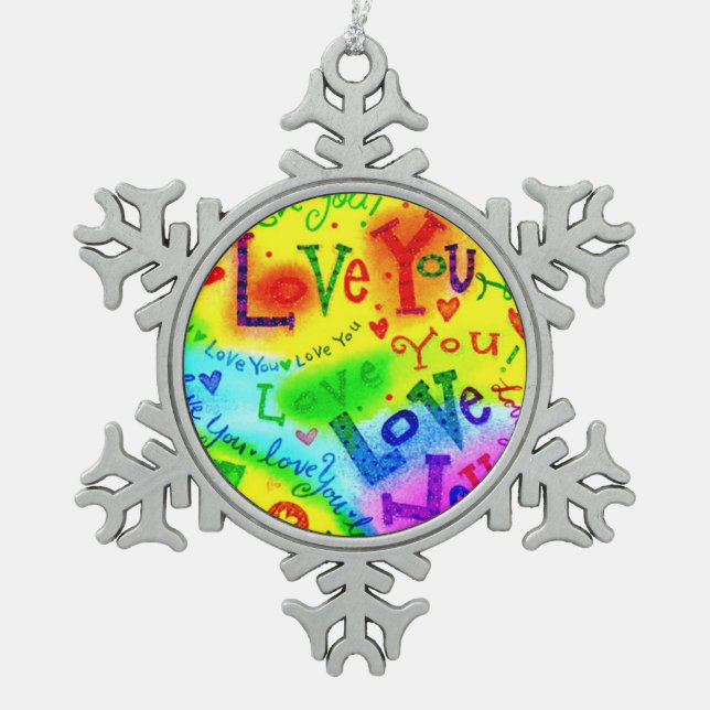I LOVE YOU Painting Snowflake Pewter Christmas Ornament (Front)