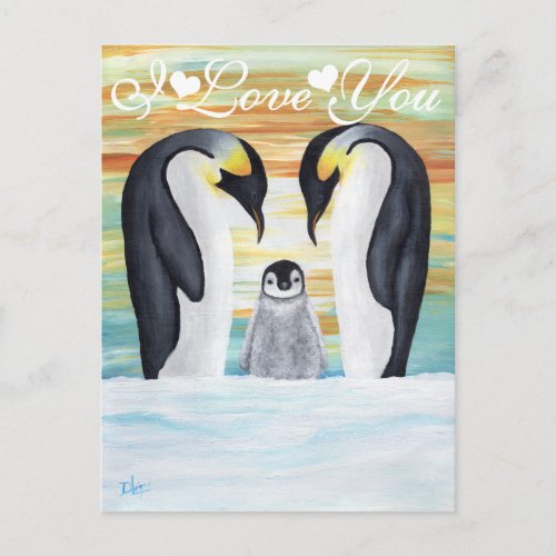 I Love You Penguin Family with Baby Penguin Postcard