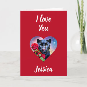 I Love You Personalized Name Panther and Red Roses Card
