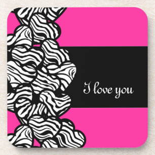 I love you pink black white zebra heart pattern drink coaster