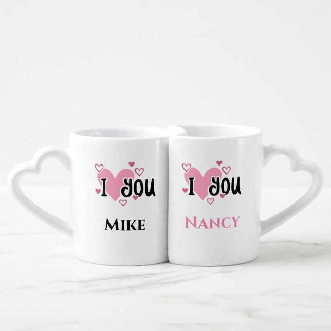 I Love You Pink Hearts Personalized Coffee Mug Set (Front Nesting)