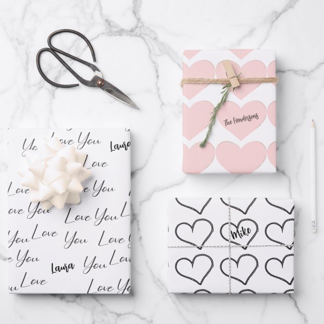 I Love You, Pink Hearts Personalized    Wrapping Paper Sheets (Front)