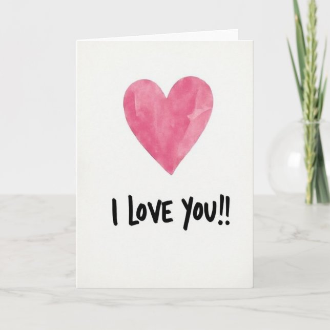 I Love You Pink Watercolor Heart Card (Front)