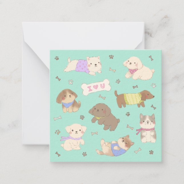 I Love You Puppies Illustration Note Card (Front)