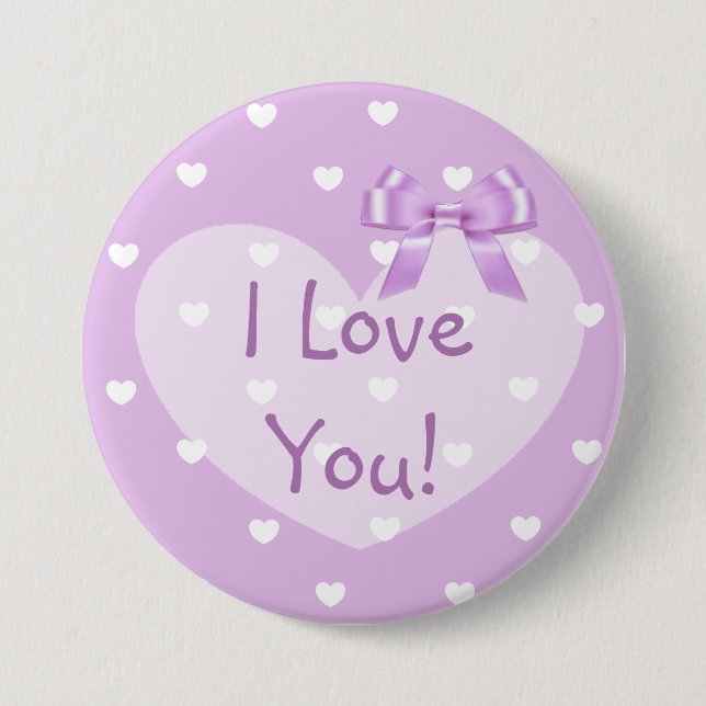 I Love You Purple Hearts White Bow Button (Front)