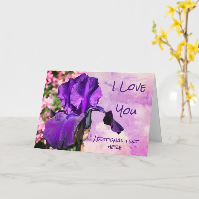 I Love You Purple Iris Flower Personalized Card (Yellow Flower)