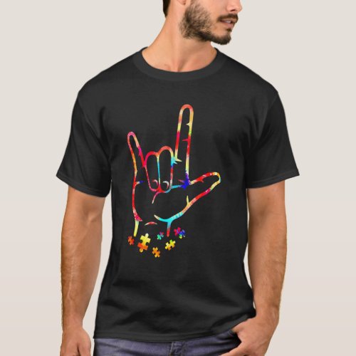 I Love You Puzzle Piece Sign Language Autism Aware T-Shirt