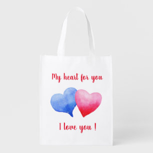 I love you red and blue heart Valentine's Day Grocery Bag