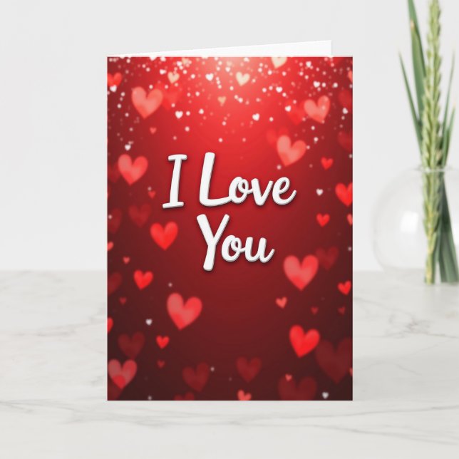 I Love You Red Bokeh Hearts Card (Front)