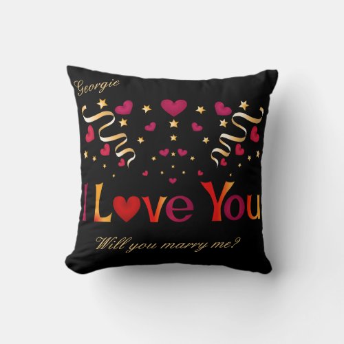 I LOVE YOU Red Heart Gold Black Marriage Proposal Throw Pillow