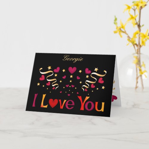 I LOVE YOU Red Heart Gold Ribbon Black Valentine Card