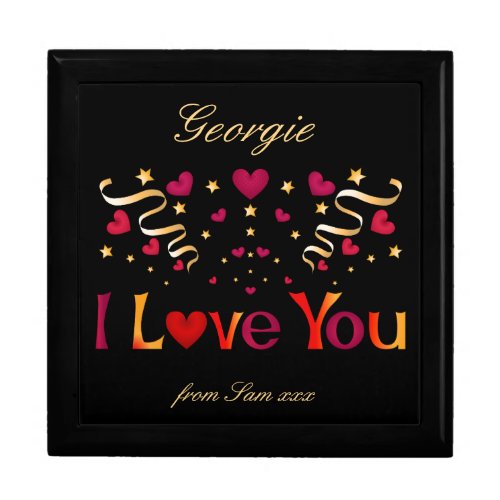 I LOVE YOU Red Heart Gold Ribbon Black Valentine Gift Box