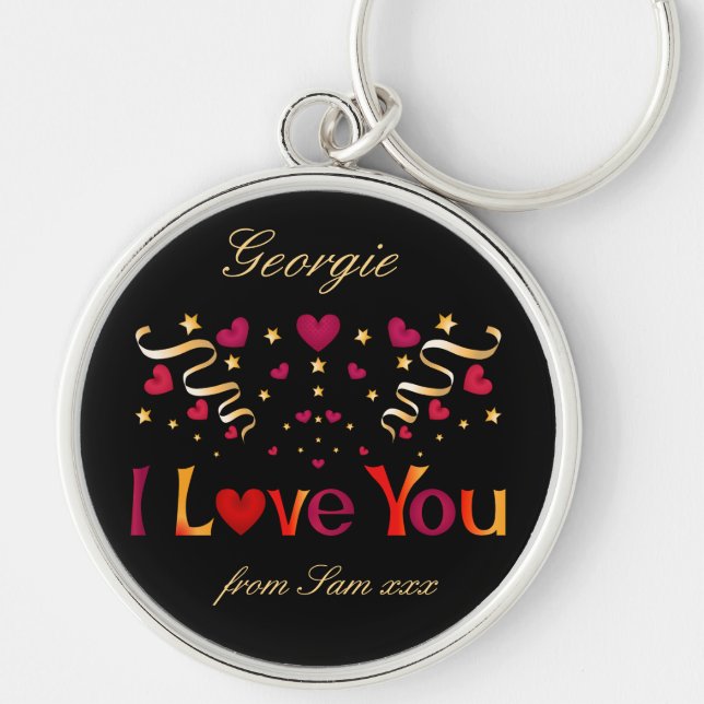 I LOVE YOU Red Heart Gold Ribbon Black Valentine Keychain (Front)