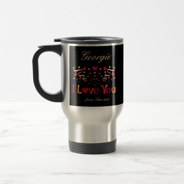 I LOVE YOU Red Heart Gold Ribbon Black Valentine Travel Mug (Left)