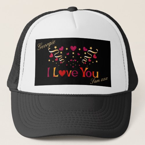 I LOVE YOU Red Heart Gold Ribbon Black Valentine Trucker Hat