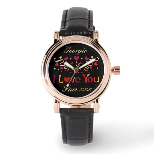 I LOVE YOU Red Heart Gold Ribbon Black Valentine Watch