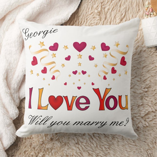 I LOVE YOU Red Heart Gold Ribbon Marriage Proposal Throw Pillow (Blanket)