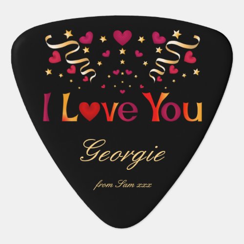 I LOVE YOU Red Heart Gold Ribbon Valentine black Guitar Pick